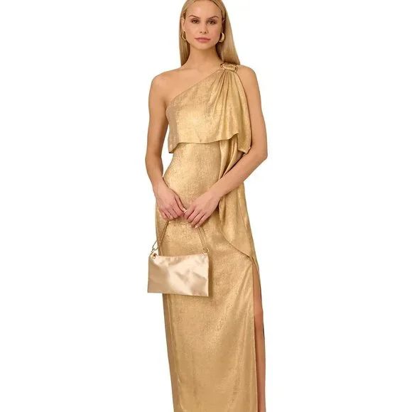 Adrianna Papell | Dresses | Adrianna Womens Metallic Layered Oneshoulder  Gown Light Gold Size 8 | Poshmark